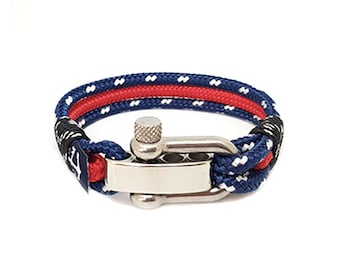 Adjustable Nautical Rope Bracelet, Red & Blue, Stainless Steel Shackle