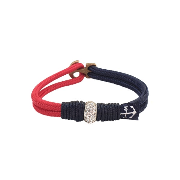 Red & Blue Nautical Rope Bracelet, Crystal Beads, Anchor Jewelry