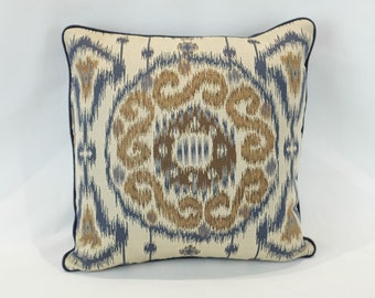 Pillow Cover , Beige and Navy Blue with Ikat Design