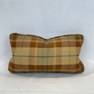 Upcycled Pillow Cover Rectangle-  Brown Plaid with Green Stripe Faux Wool