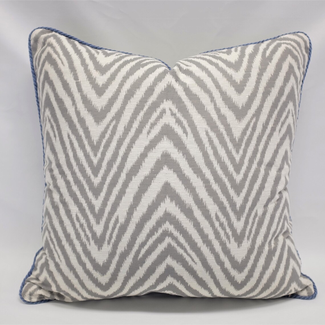 Grey and White Zigzag Pillow Cover With Blue Cord Trim Etsy