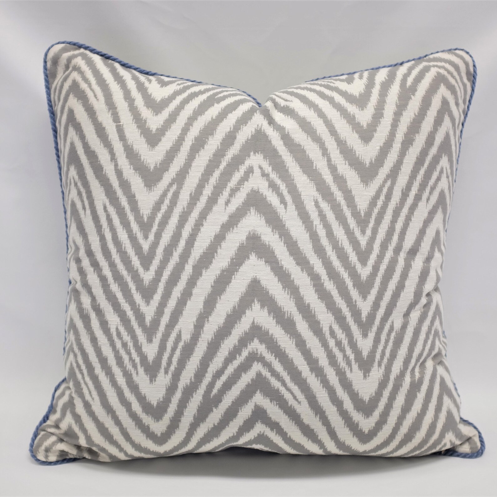 Grey and White Zigzag Pillow Cover With Blue Cord Trim Etsy