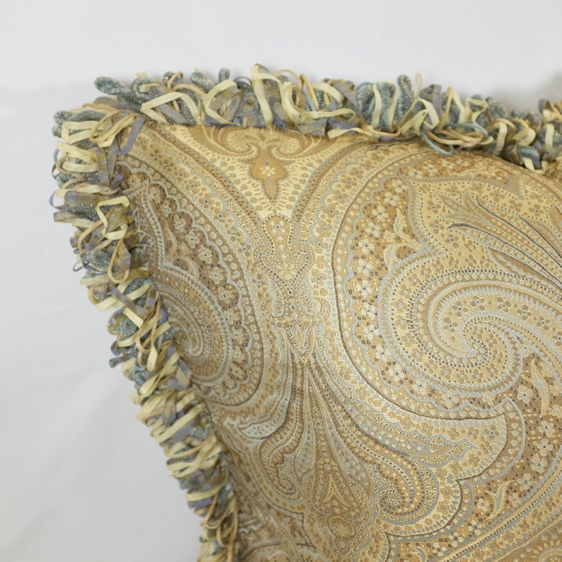 Pillow Cover Gold and Blue Damask Looped Ribbon Brush Etsy