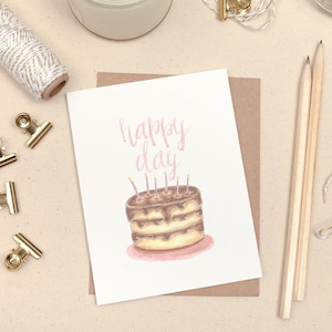 Happy Day, alles Gute zum Geburtstag, Glückwunschkarte zum Geburtstag, Aquarell Geburtstagskuchen, Hand beschriftet, Pink, Gold, Geburtstagskerzen, Schokolade