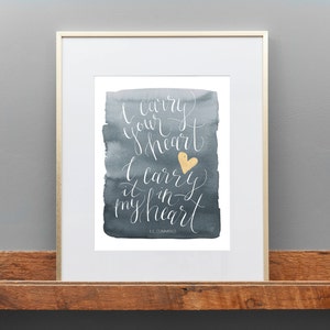 EE カミングス「I Carry Your Heart」 - 手書き/筆文字の引用文、水彩画アートプリント、金彩、結婚祝い、詩/アートギフト