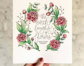 La tierra se ríe en flores impresión de arte, impresión de arte floral, arte botánico, cita con letras a mano, cita de Ralph Waldo Emerson, poema de flores, poesía