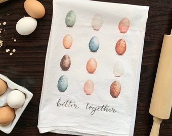 Dozen Eggs Tea Towel, Better Together, Watercolor Multi Colored Eggs, Cotton Flour Sack Towel