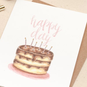 Happy Day, Happy Birthday Card, Birthday Greeting Card, Watercolor Birthday Cake, Hand lettered, Pink, Gold, Birthday Candles, Chocolate image 2