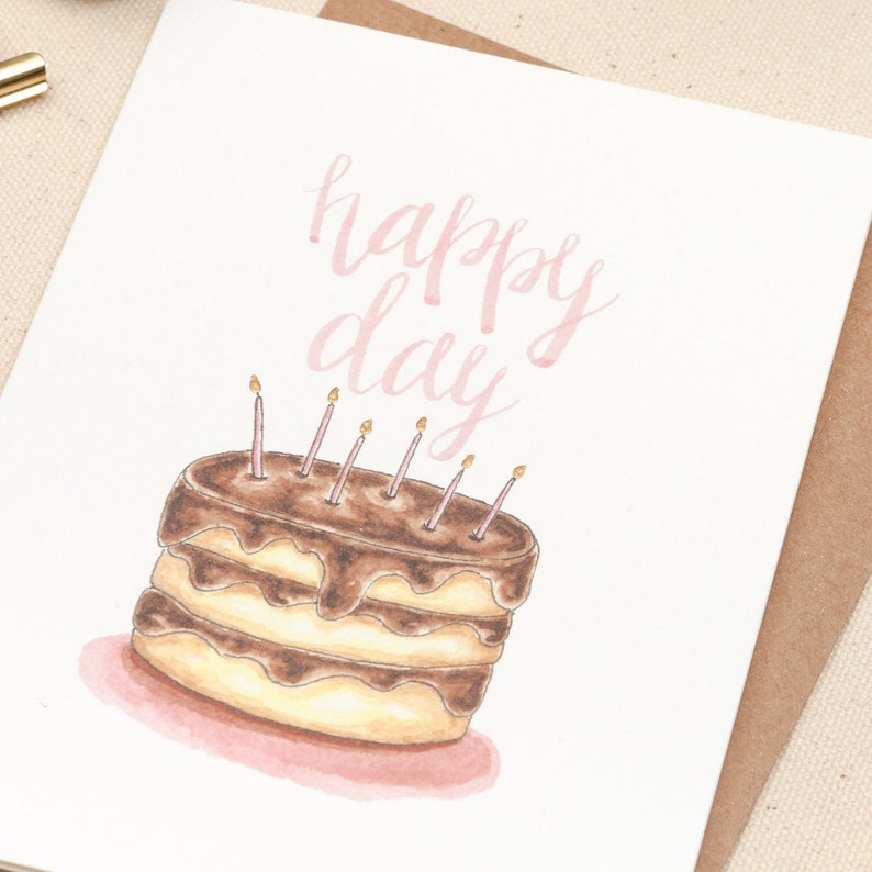 Happy Day, Happy Birthday Card, Birthday Greeting Card, Watercolor Birthday Cake, Hand lettered, Pink, Gold, Birthday Candles, Chocolate image 2