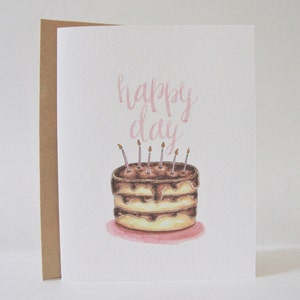 Happy Day, Happy Birthday Card, Birthday Greeting Card, Watercolor Birthday Cake, Hand lettered, Pink, Gold, Birthday Candles, Chocolate image 6