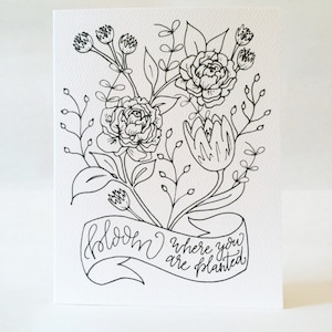 Cartão para colorir - Livro para colorir adulto - Flor floral, papel aquarela DIY, lápis de cor, aquarela, marcador e caneta - papelaria ilustrado