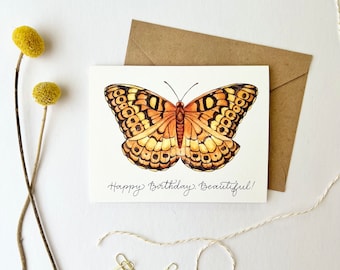 Happy Birthday Beautiful - Butterfly Illustration Birthday Card - Variegated Fritillary