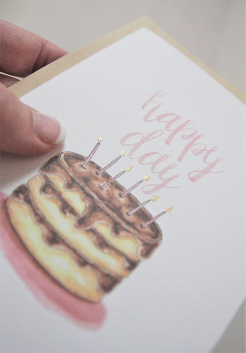 Happy Day, Happy Birthday Card, Birthday Greeting Card, Watercolor Birthday Cake, Hand lettered, Pink, Gold, Birthday Candles, Chocolate image 4