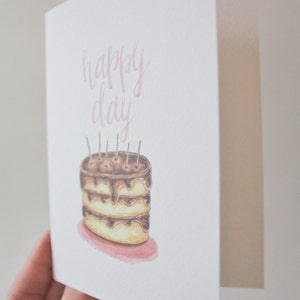 Happy Day, Happy Birthday Card, Birthday Greeting Card, Watercolor Birthday Cake, Hand lettered, Pink, Gold, Birthday Candles, Chocolate image 5