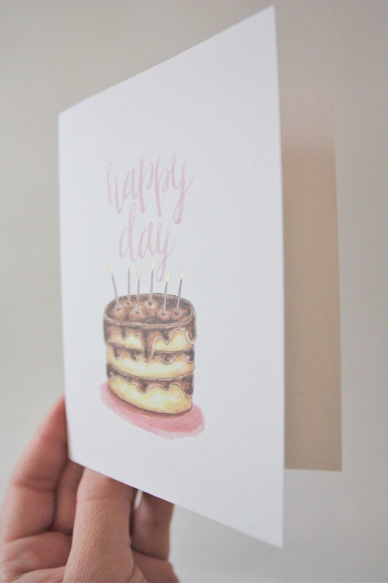 Happy Day, Happy Birthday Card, Birthday Greeting Card, Watercolor Birthday Cake, Hand lettered, Pink, Gold, Birthday Candles, Chocolate image 5