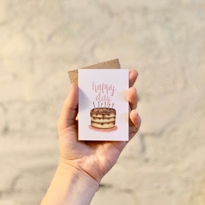 Happy Day, Happy Birthday Card, Birthday Greeting Card, Watercolor Birthday Cake, Hand lettered, Pink, Gold, Birthday Candles, Chocolate Mini Card