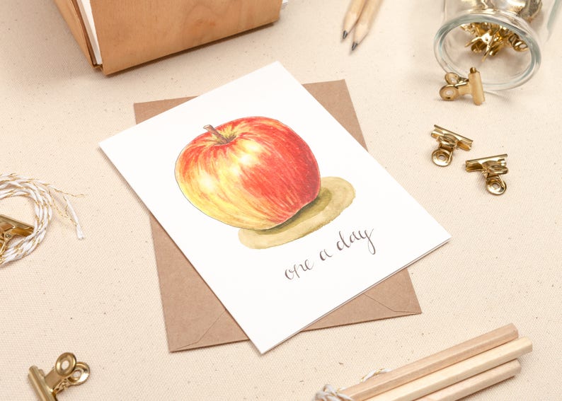 One A Day: A2 Apple Note card Watercolor and Hand Lettered Illustration Get Well Card Teacher gift Doctor gift Apple Still Life image 2