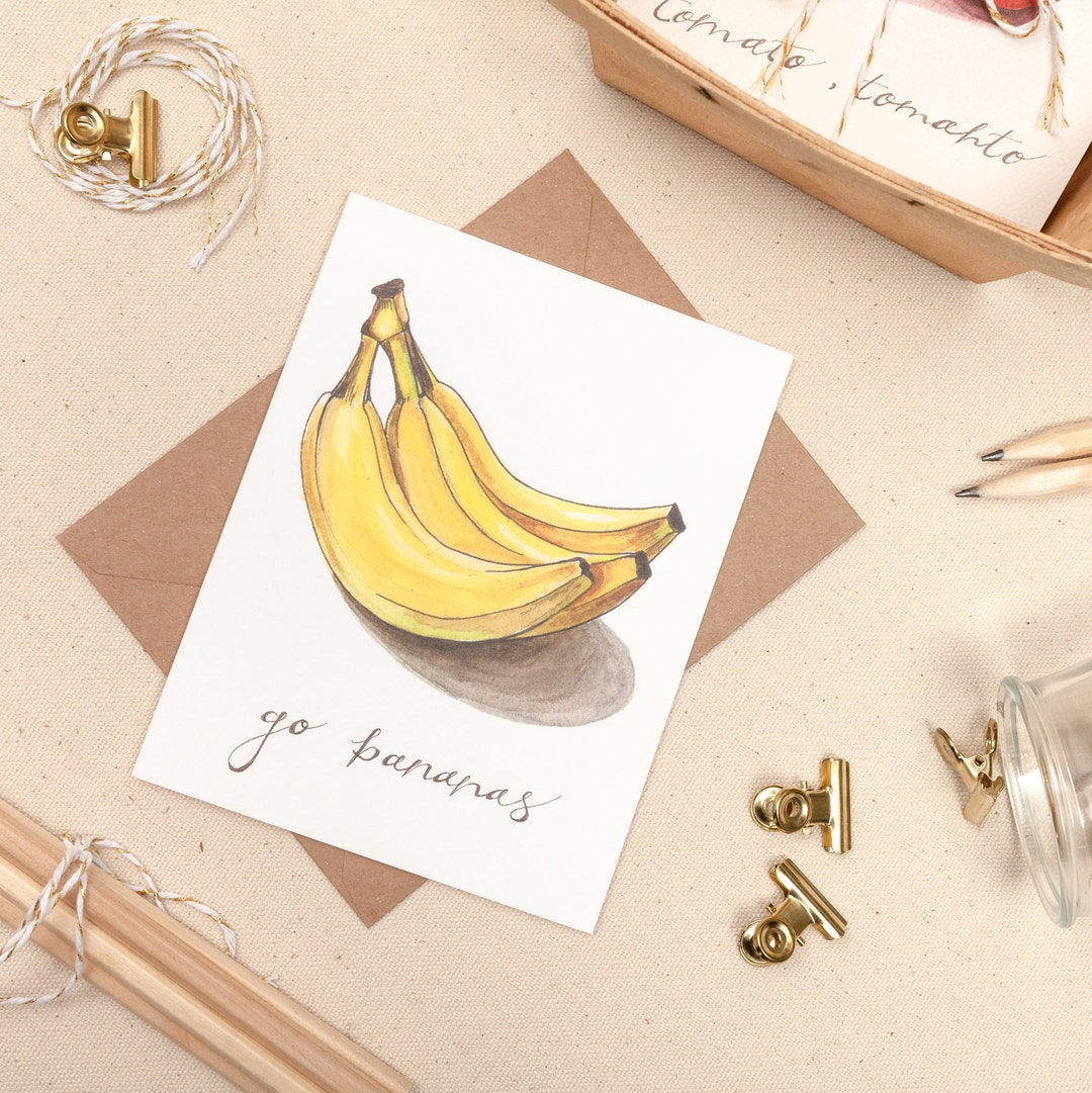 Go Bananas , Banana Puns Card, Food Pun Card, Watercolor and Hand