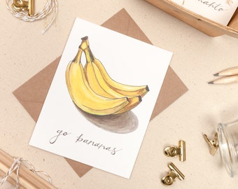 Go Bananas , Banana Puns Card, Food Pun Card, Watercolor and Hand Lettered Note Card, Foodie Card, Produce Art, Farmers Market Note Card