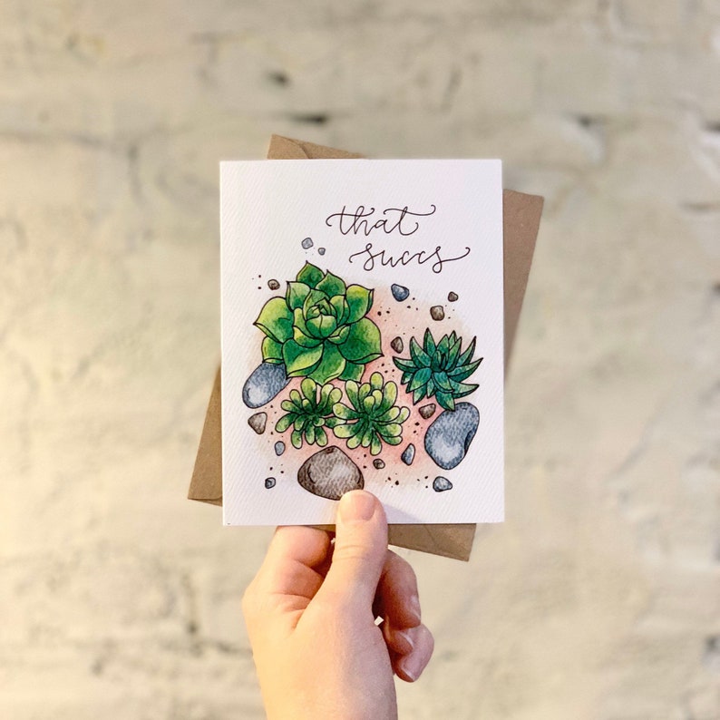 Ça suce, ça craint, succulente carte de jeu de mots, plantes succulentes, lettrage à la main, aquarelle, carte encourageante, carte Je suis désolé, carte Carona Virus, image 1