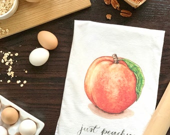 Peach Tea Towel, Just Peachy Food Pun, Cotton Flour Sack Towel