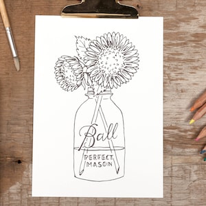 Słonecznik Kolorowanka Art Print, Ball Jar Kolorowanka Art Print, Mason Jar Kolorowanka, Botaniczna Książka Do Kolorowania Dla Dorosłych, DIY Cardstock Art Print