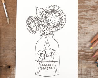 Sunflower Coloring Art Print, Ball Jar Coloring Art Print, Mason Jar Coloring Page, Botanical Adult Coloring Book, DIY Cardstock Art Print