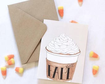 秋のコーヒーカード - パンプキン スパイス ラテ - コーヒー愛好家へのギフト - 手書き - コーヒーカップ - 水彩画 - コーヒー アート - 秋 - スターバックス