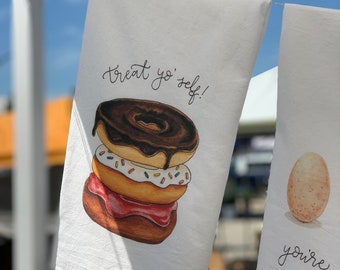 Donut Towel, Doughnut, Treat Yo’ Self, Foodie Gift, Food Pun Flour Sack Towel, Kitchen Towel, Cotton Tea Towel, House Gift, Flour Sack Towel