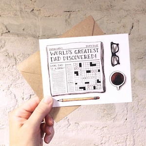 Father&#39;s Day Card, World&#39;s Greatest Dad, Newspaper, Coffee, Crossword Puzzle, Glasses, Hand Lettered, Watercolor Illustration