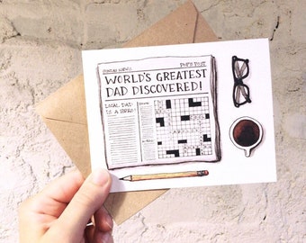 Vatertagskarte, der größte Vater der Welt, Zeitung, Kaffee, Kreuzworträtsel, Brille, handbeschriftet, Aquarell Illustration