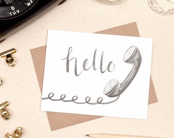 Hello: Vintage Telephone Note Card Set- Watercolor and Ink Hand Illustrated A2 Card For Any Occasion - Stationery Set