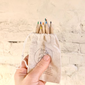 Pode incluir: Uma pequena bolsa branca de cordão com o texto "the simple palette" impresso nela. A bolsa contém um conjunto de lápis de madeira coloridos.