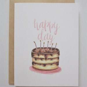 Happy Day, Happy Birthday Card, Birthday Greeting Card, Watercolor Birthday Cake, Hand lettered, Pink, Gold, Birthday Candles, Chocolate image 8