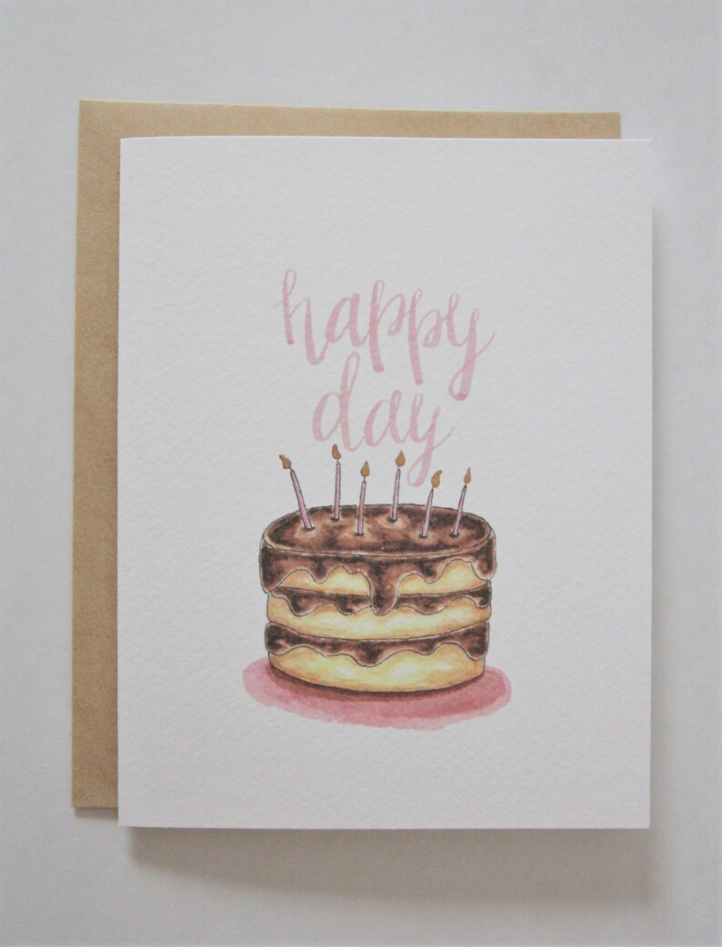 Happy Day, Happy Birthday Card, Birthday Greeting Card, Watercolor Birthday Cake, Hand lettered, Pink, Gold, Birthday Candles, Chocolate image 8