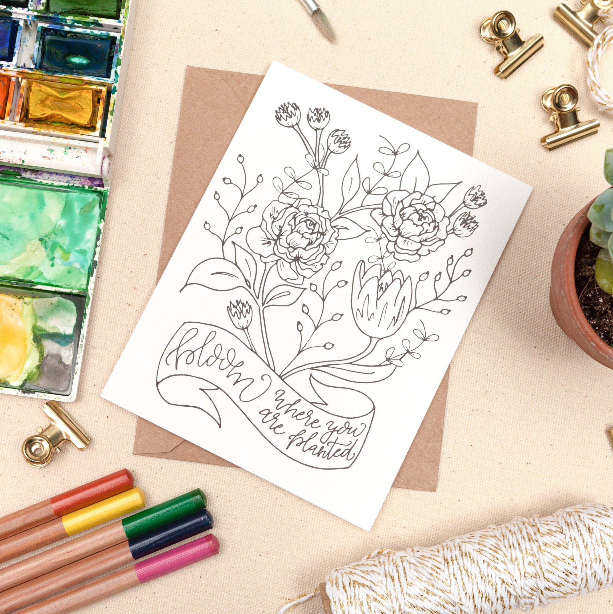 Coloring Card Adult Coloring Book Floral, DIY Watercolor Paper, Colored ...