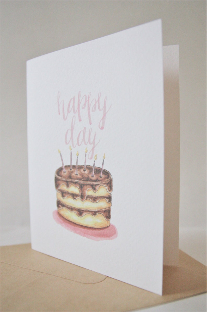 Happy Day, Happy Birthday Card, Birthday Greeting Card, Watercolor Birthday Cake, Hand lettered, Pink, Gold, Birthday Candles, Chocolate image 7