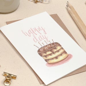 Happy Day, Happy Birthday Card, Birthday Greeting Card, Watercolor Birthday Cake, Hand lettered, Pink, Gold, Birthday Candles, Chocolate image 3