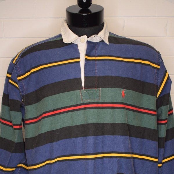 Vintage Polo By Ralph Lauren Rugby Multicolor Long Sleeve Striped Shirt 90's Large