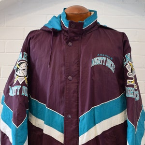 Anaheim Mighty Ducks Hooded Puffer Jacket Vintage 90s NHL Apex One Size L