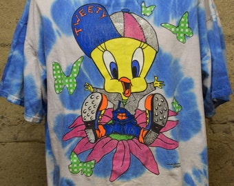 T-shirt Vintage Looney Tunes Tweety 1996 - Tie Dye Bleu - Taille L Enfant - Occasion Très Bon état