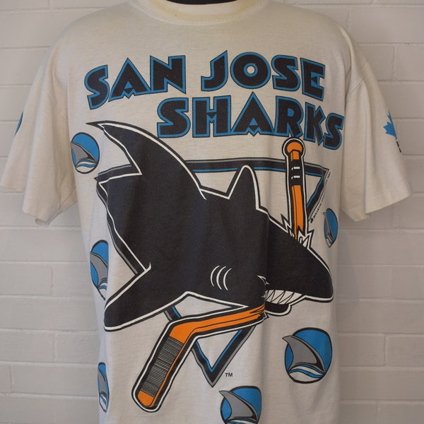 Vintage 1991 San Jose Sharks All Over Print Bulletin Athletic NHL Hockey T-Shirt 90's One Size XL
