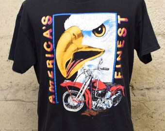Vintage 90s Bald Eagle Motorcycle T-Shirt: American Thunder Large