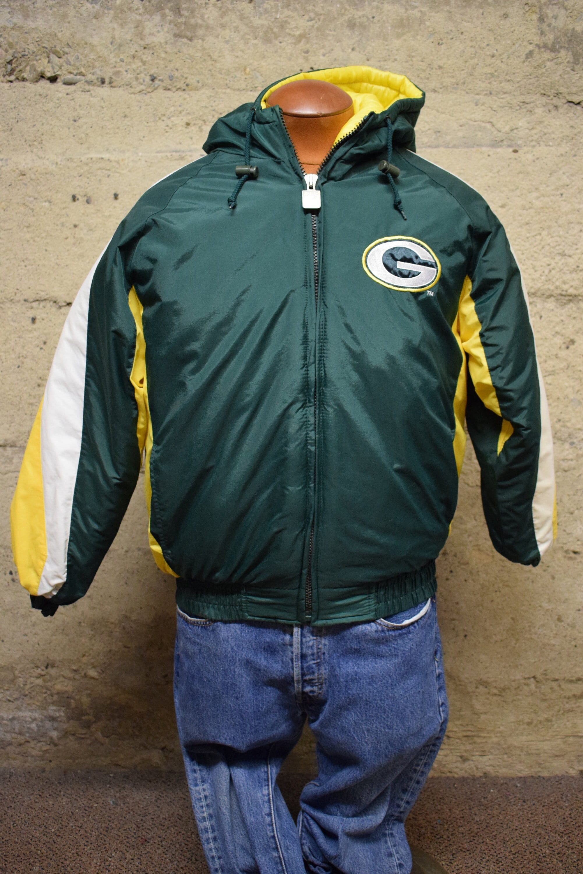 Vintage Green Bay Packers Puffer Jacket, Green Yellow and White