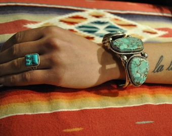 Vintage Southwestern Cuff Bracelet Signed Silver and  Turquoise Massive Vintage
