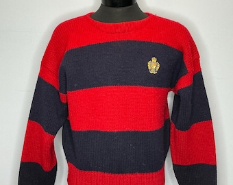 Jersey vintage de lana Polo Ralph Lauren con rayas llamativas rojas y azul marino, talla XL, años 80.