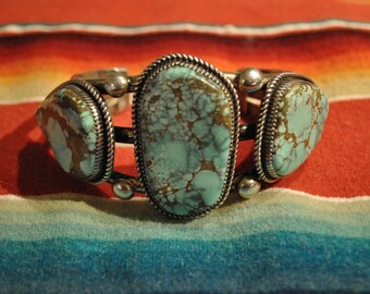 Massive Mens  Womans Southwestern Signed Silver Turquoise Cuff Bracelet Antique Vintage