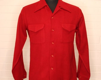 Vintage 1940s Red Rockabilly Loop Collar Wool Button Up Shirt