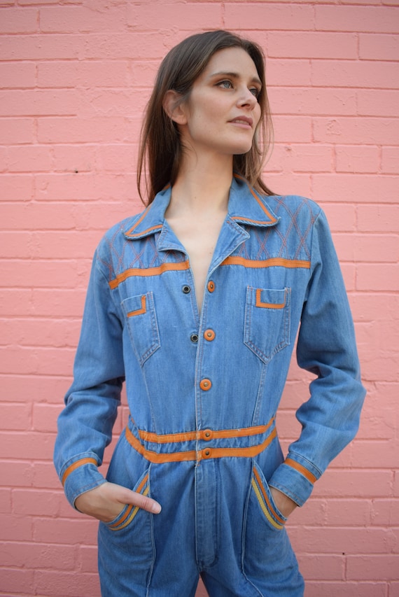 Vintage 1970's Denim Jumpsuit Bells Pockets Leath
