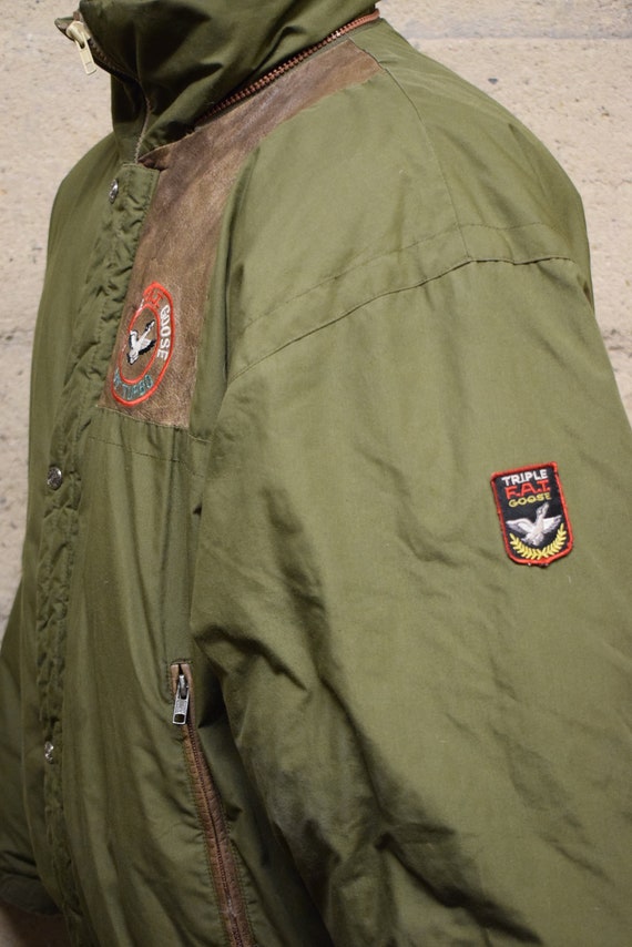 Triple Fat Goose Men's Green Puffer Bomber Jacket Duck Down Leather Detail 90's Large